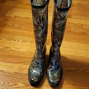 Zebra Print Rain Cowgirl Boots, Size Medium